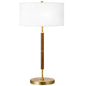 25" Gold and Oak Metal Two Light Table Lamp With White Drum Shade