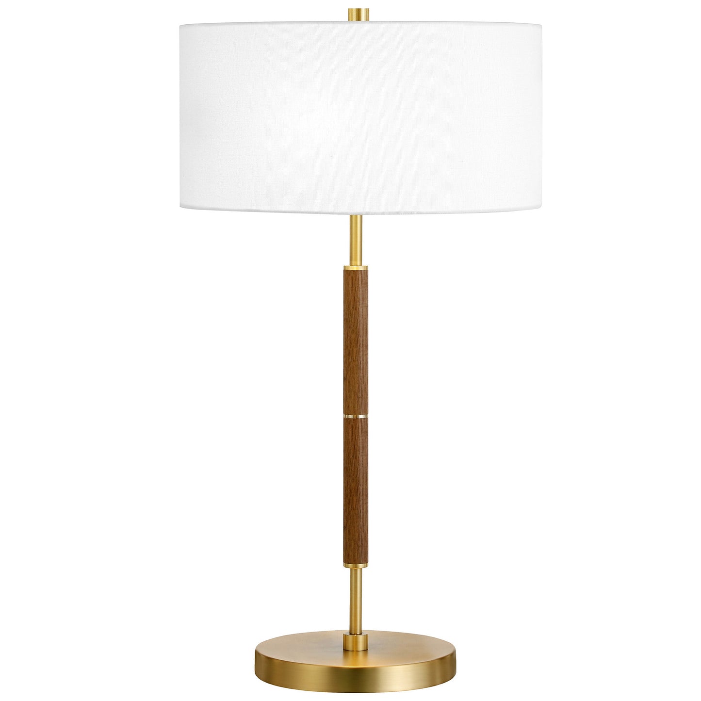 25" Gold and Oak Metal Two Light Table Lamp With White Drum Shade