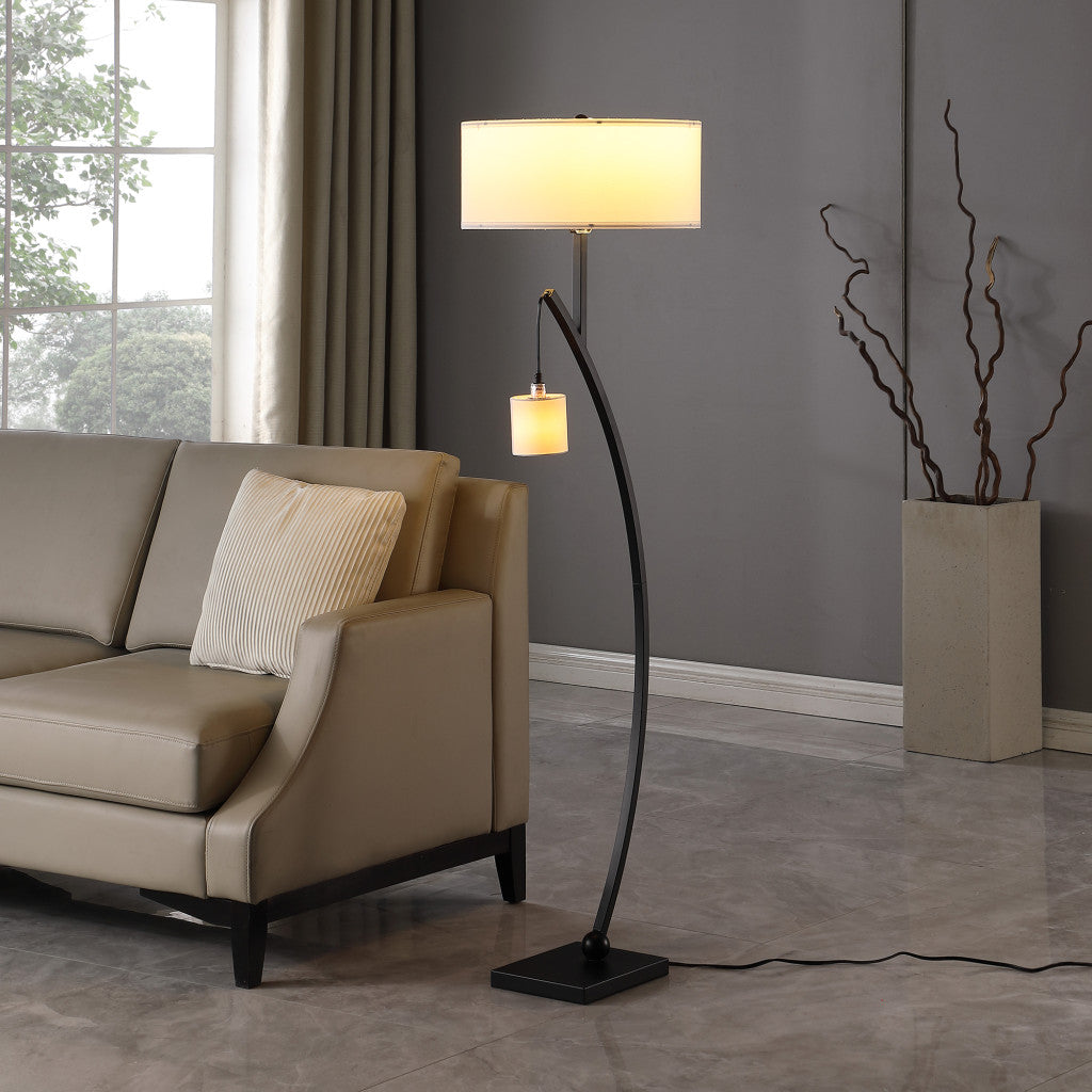 59" Matte Black Dual Arc Floor Lamp With White Drum Shade