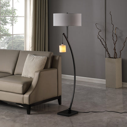 59" Matte Black Dual Arc Floor Lamp With White Drum Shade