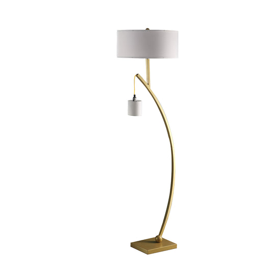 59" Matte Gold Dual Arc Floor Lamp With White Drum Shade