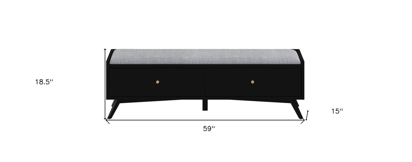 59" Gray and Black Upholstered Polyester Blend Bench with Drawers