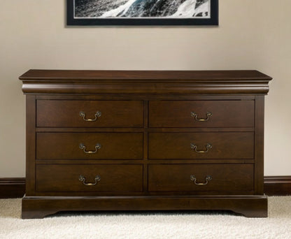 60" Brown Solid Wood Six Drawer Double Dresser