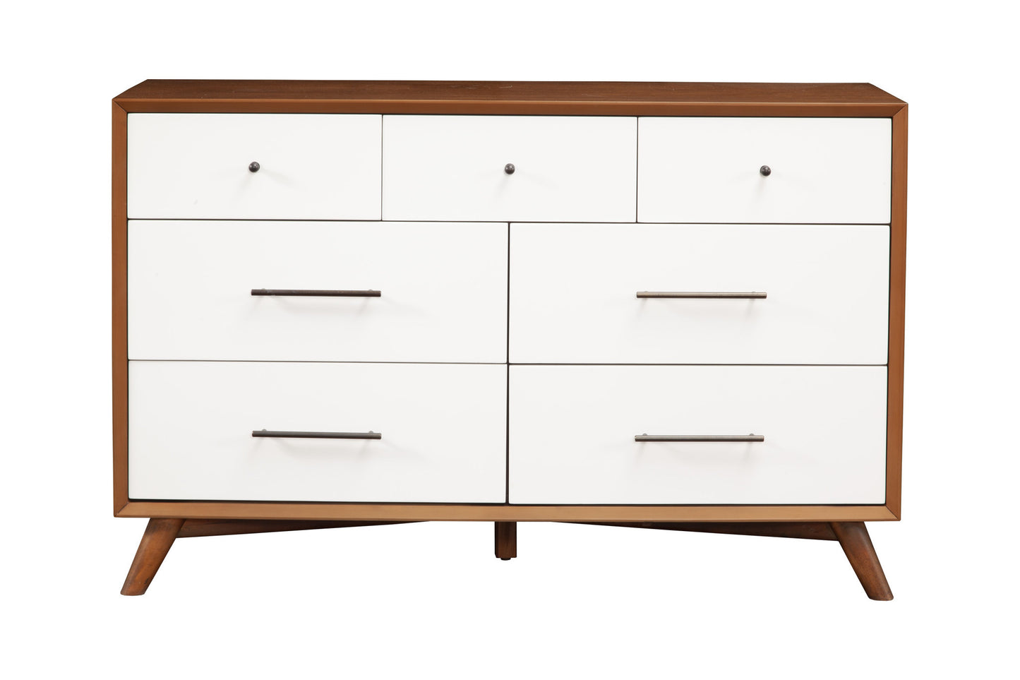 56" Brown and White Solid Wood Seven Drawer Double Dresser