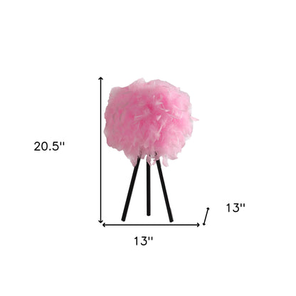 21" Black Tripod Table Lamp With Pink Faux Feather Shade