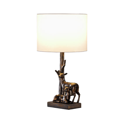 20" Bronze Mom and Baby Deer Table Lamp With White Drum Shade