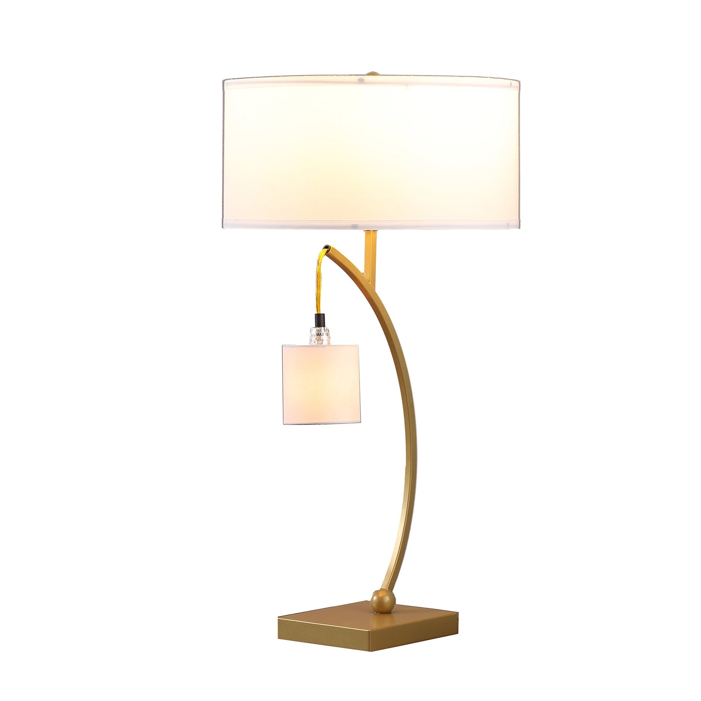 29" Gold Metal Two Light Arched Table Lamp With White Drum Shade