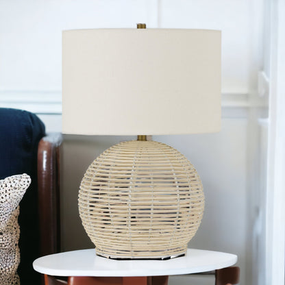 21" Natural Rattan Table Lamp With White Drum Shade