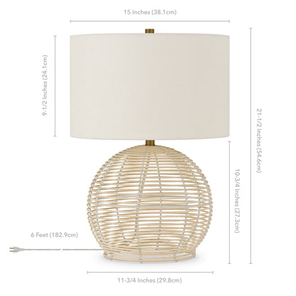 21" Natural Rattan Table Lamp With White Drum Shade