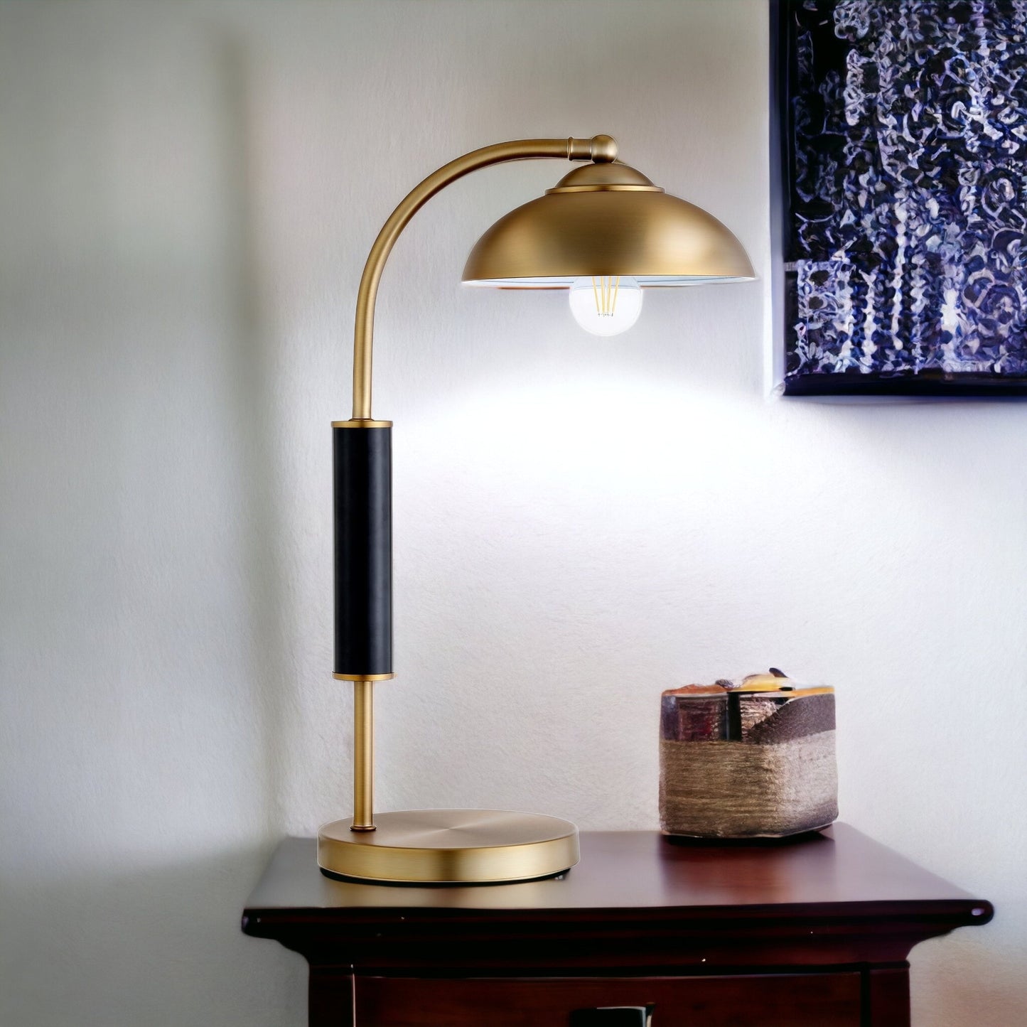 24" Gold and Black Metal Desk Table Lamp With Gold Dome Shade