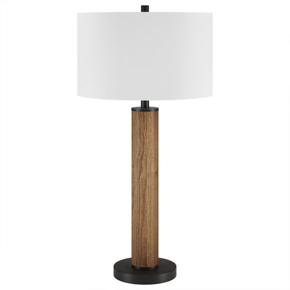 29" Brown and Black Metal Table Lamp With White Drum Shade