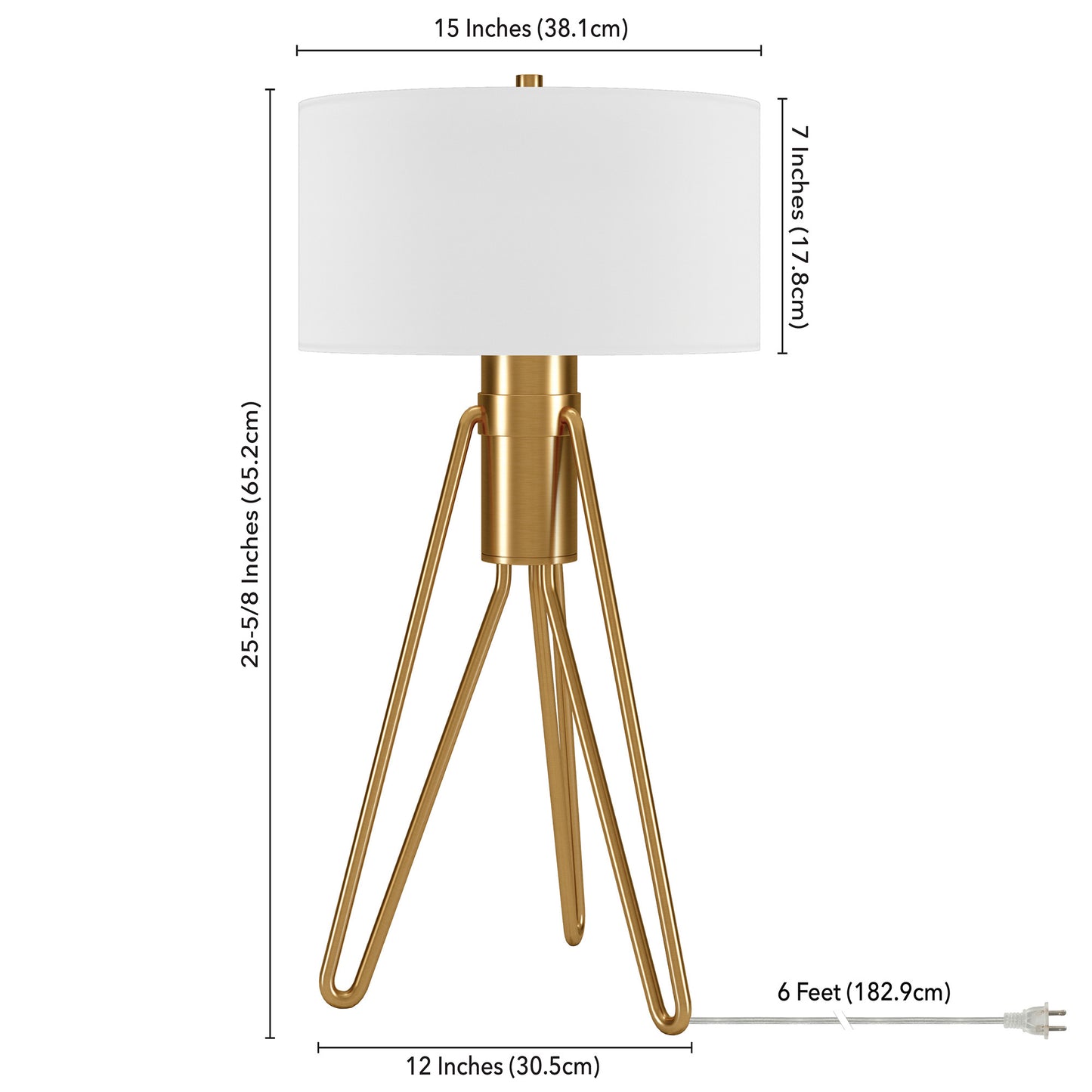 25" Brass Metal Two Light Tripod Table Lamp With White Drum Shade