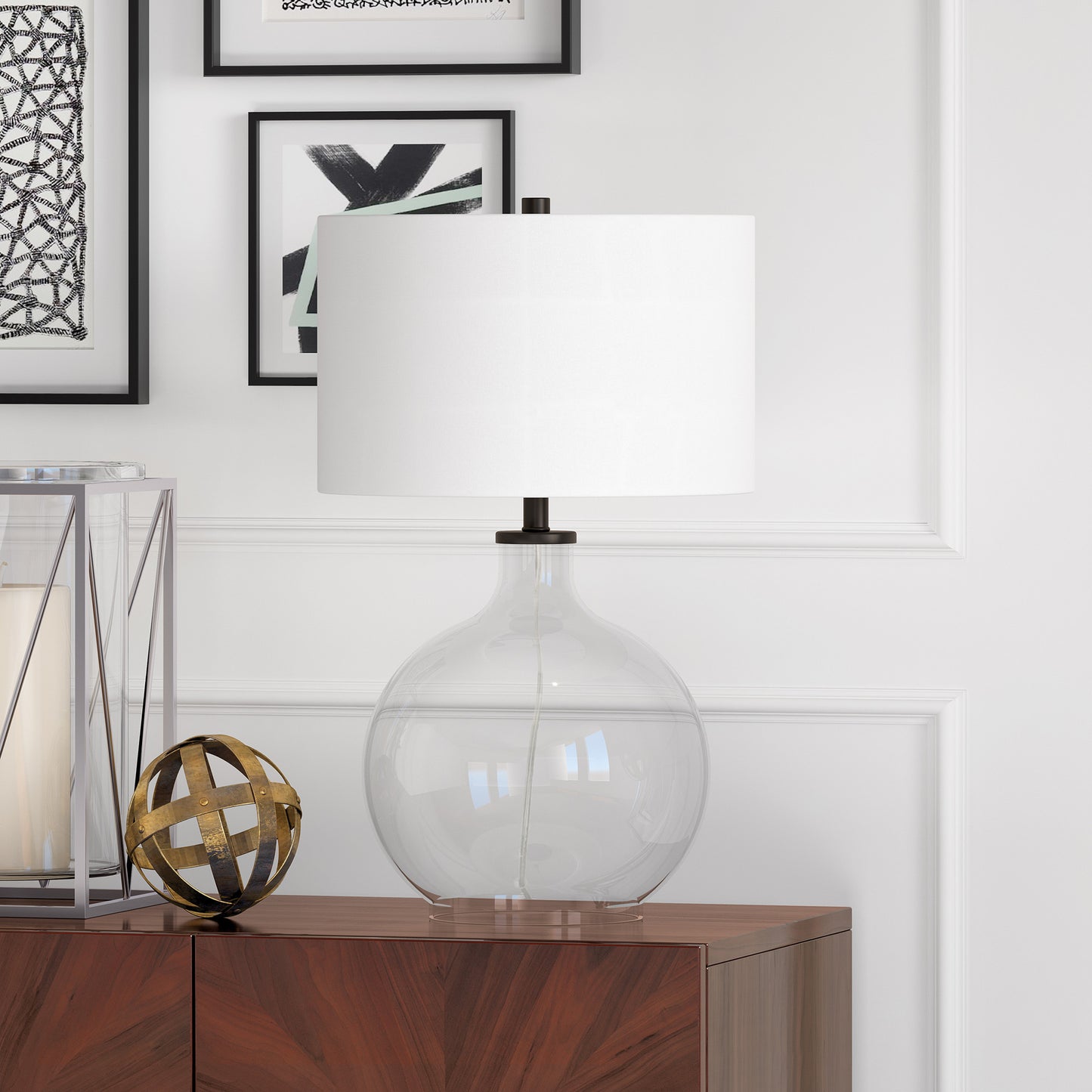 24" Clear Glass Table Lamp With White Drum Shade