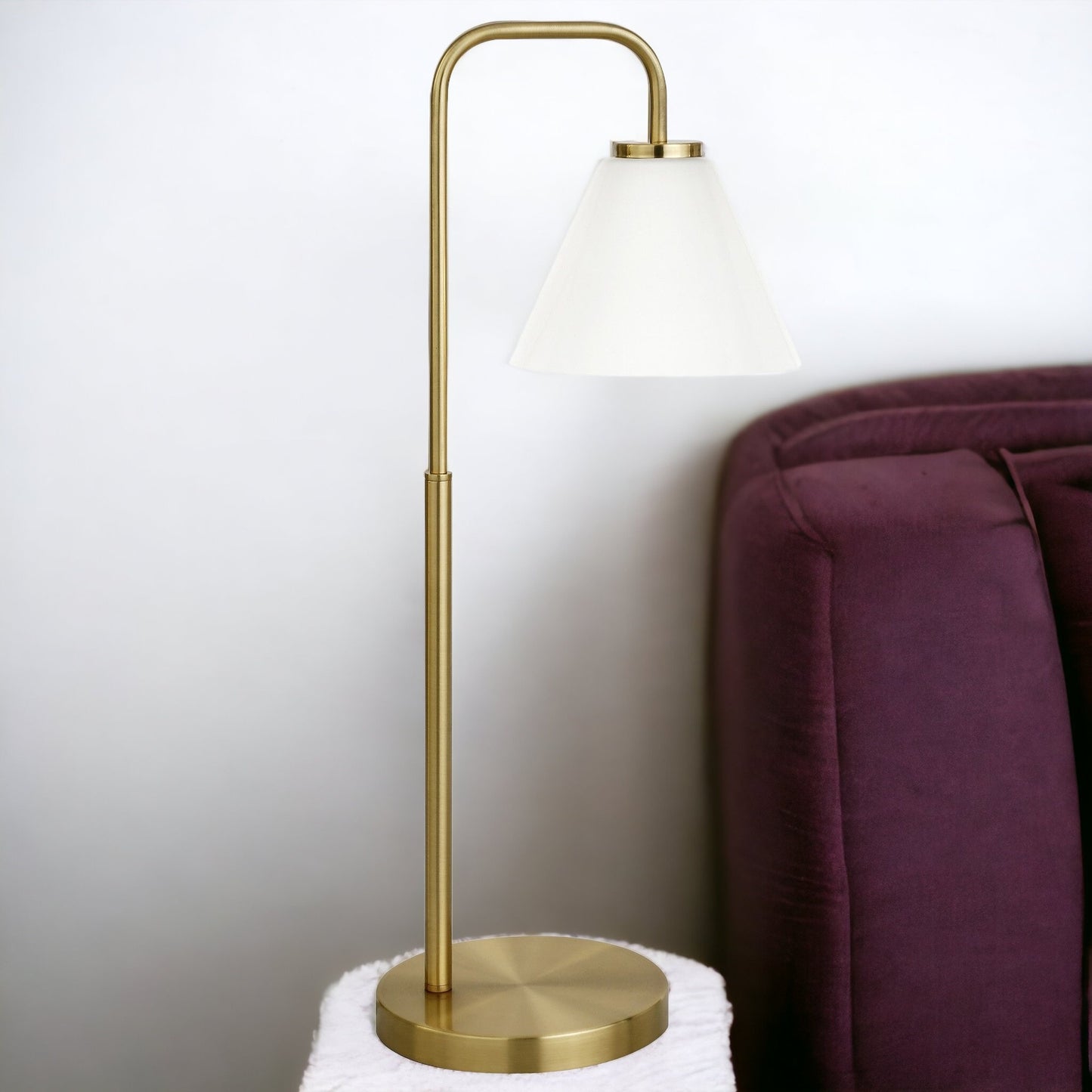 27" Brass Metal Arched Table Lamp With White Cone Shade