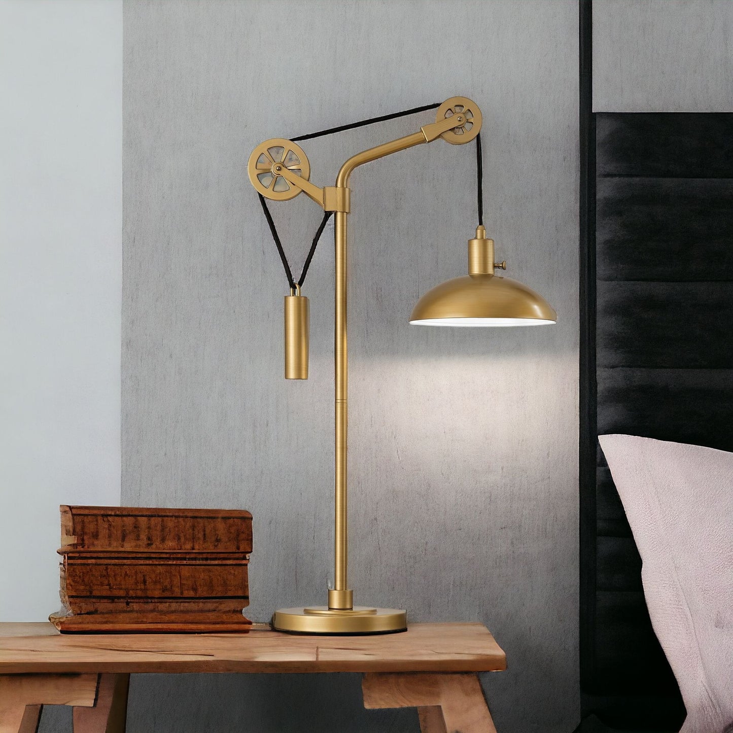 34" Brass Metal Adjustable Novelty Desk Table Lamp With Brass Dome Shade