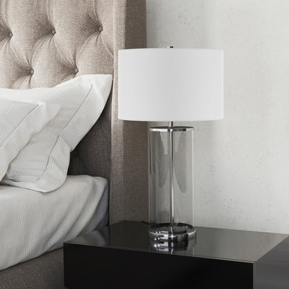 28" Nickel Glass Table Lamp With White Drum Shade