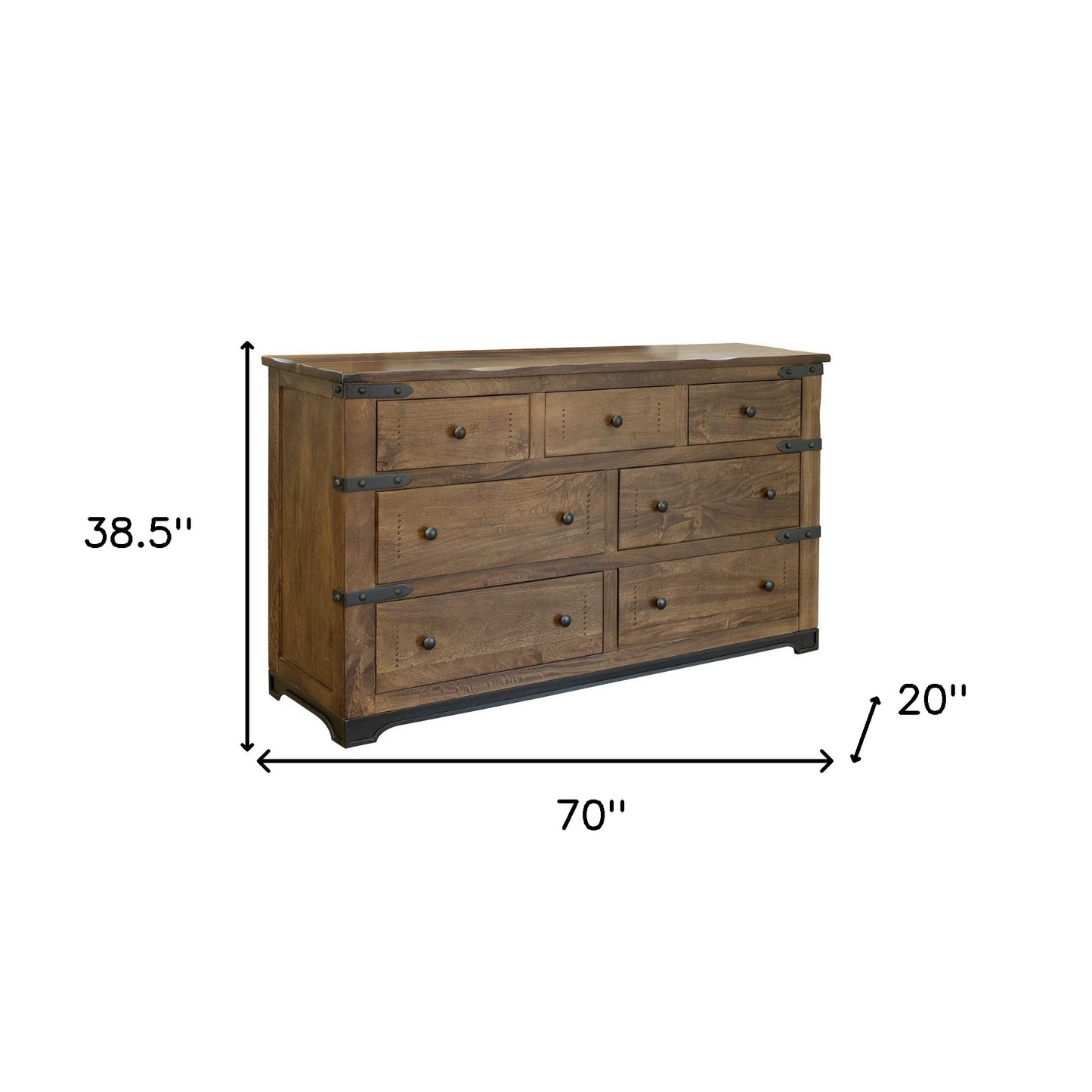 70" Brown and Black Solid Wood Seven Drawer Triple Dresser