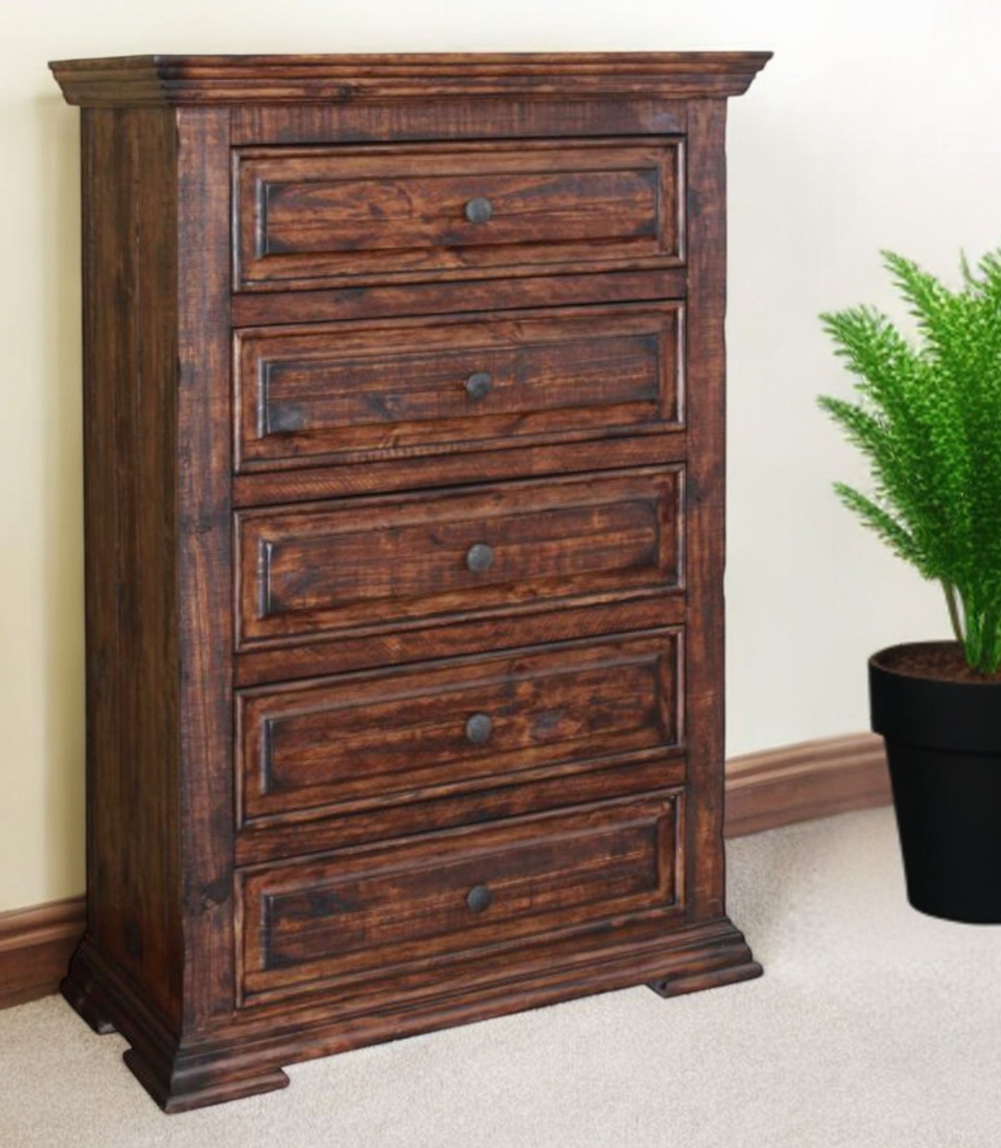 37" Chocolate Solid Wood Five Drawer Chest