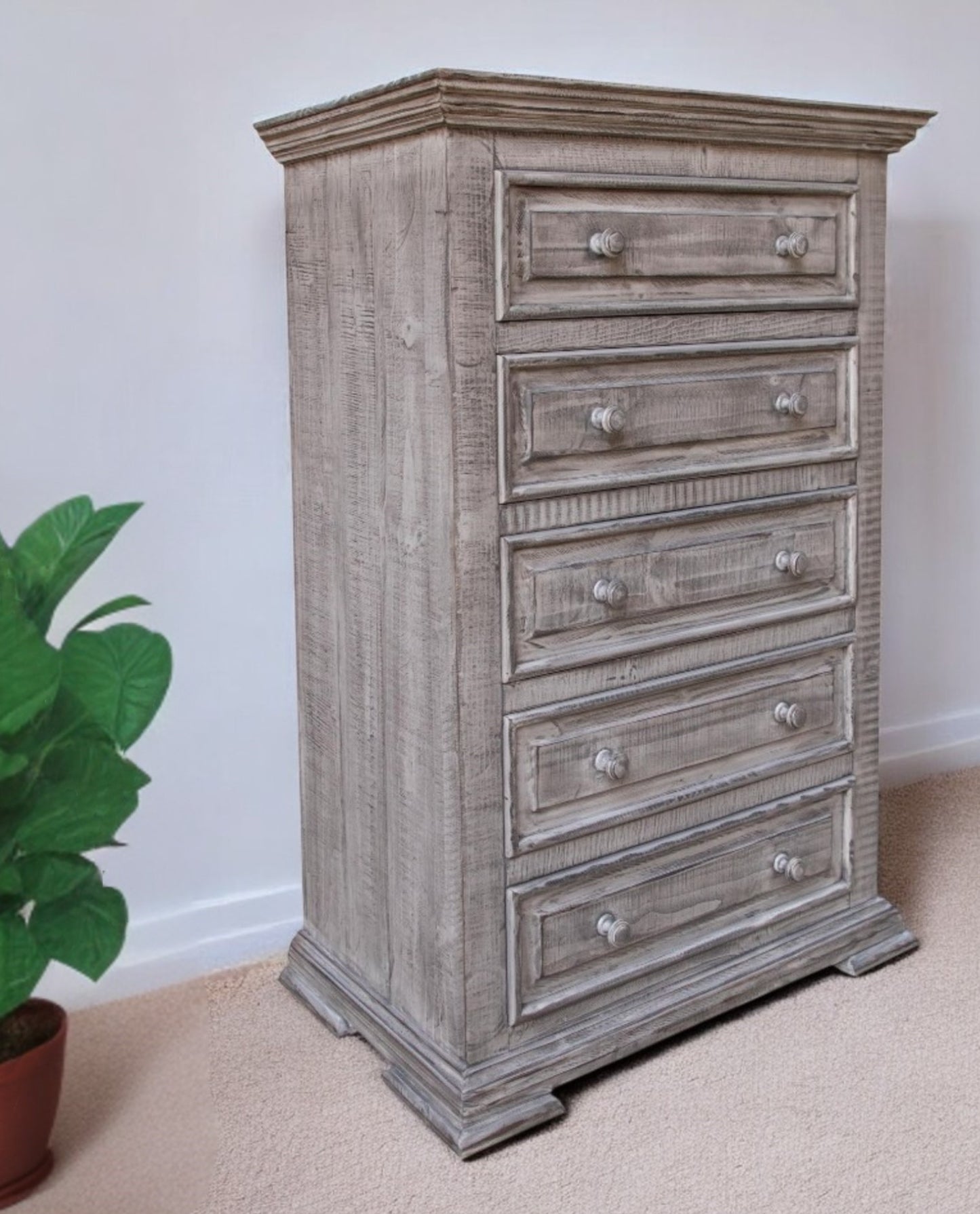 37" Gray Solid Wood Five Drawer Chest