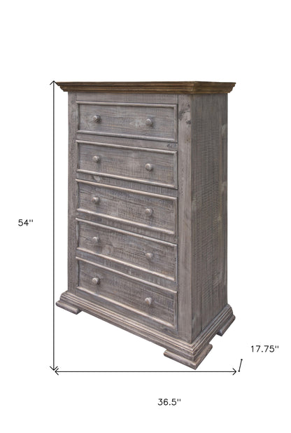 37" Gray Solid Wood Five Drawer Chest