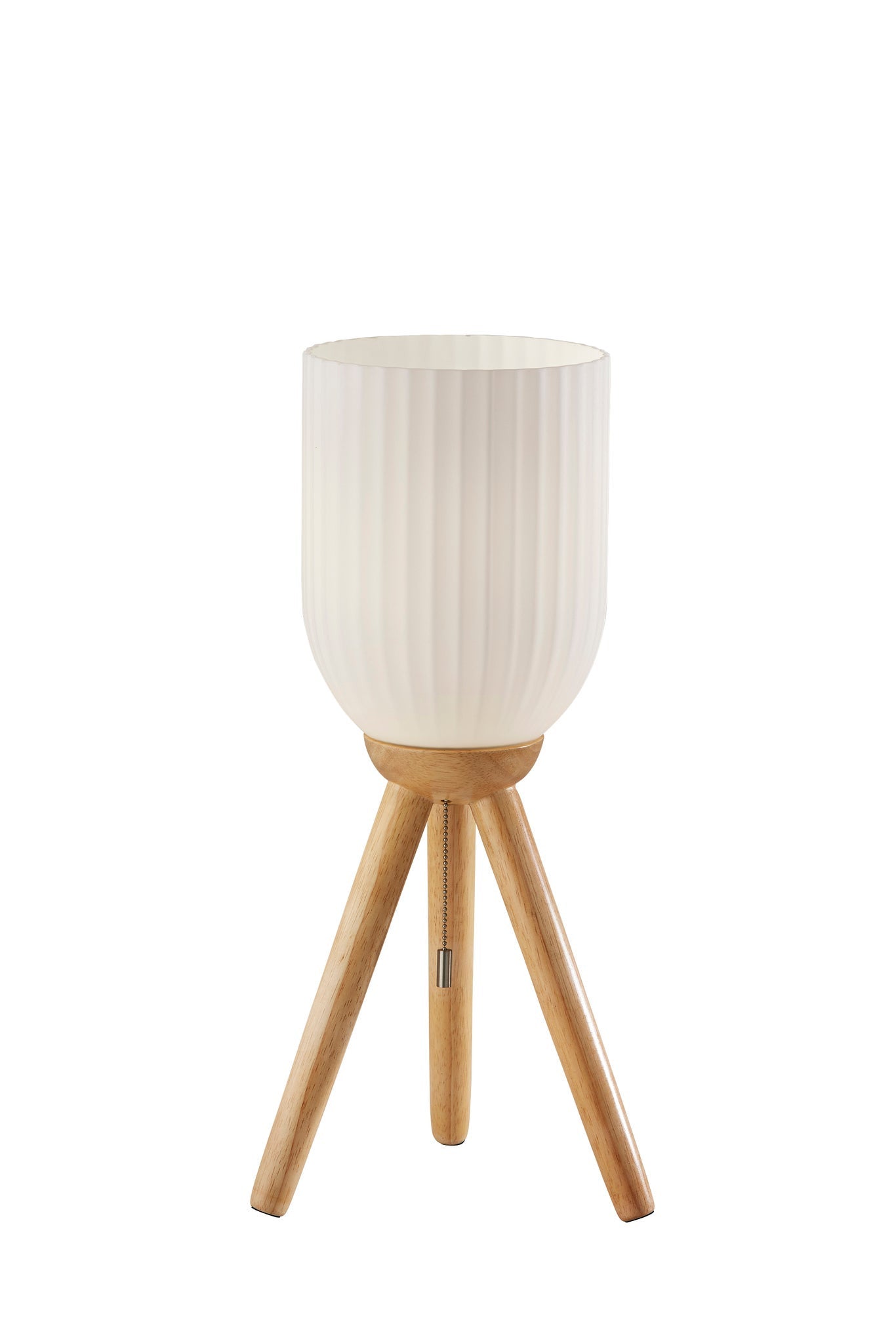 23" Natural Solid Wood Tripod Table Lamp With White Ribbed Glass Shade