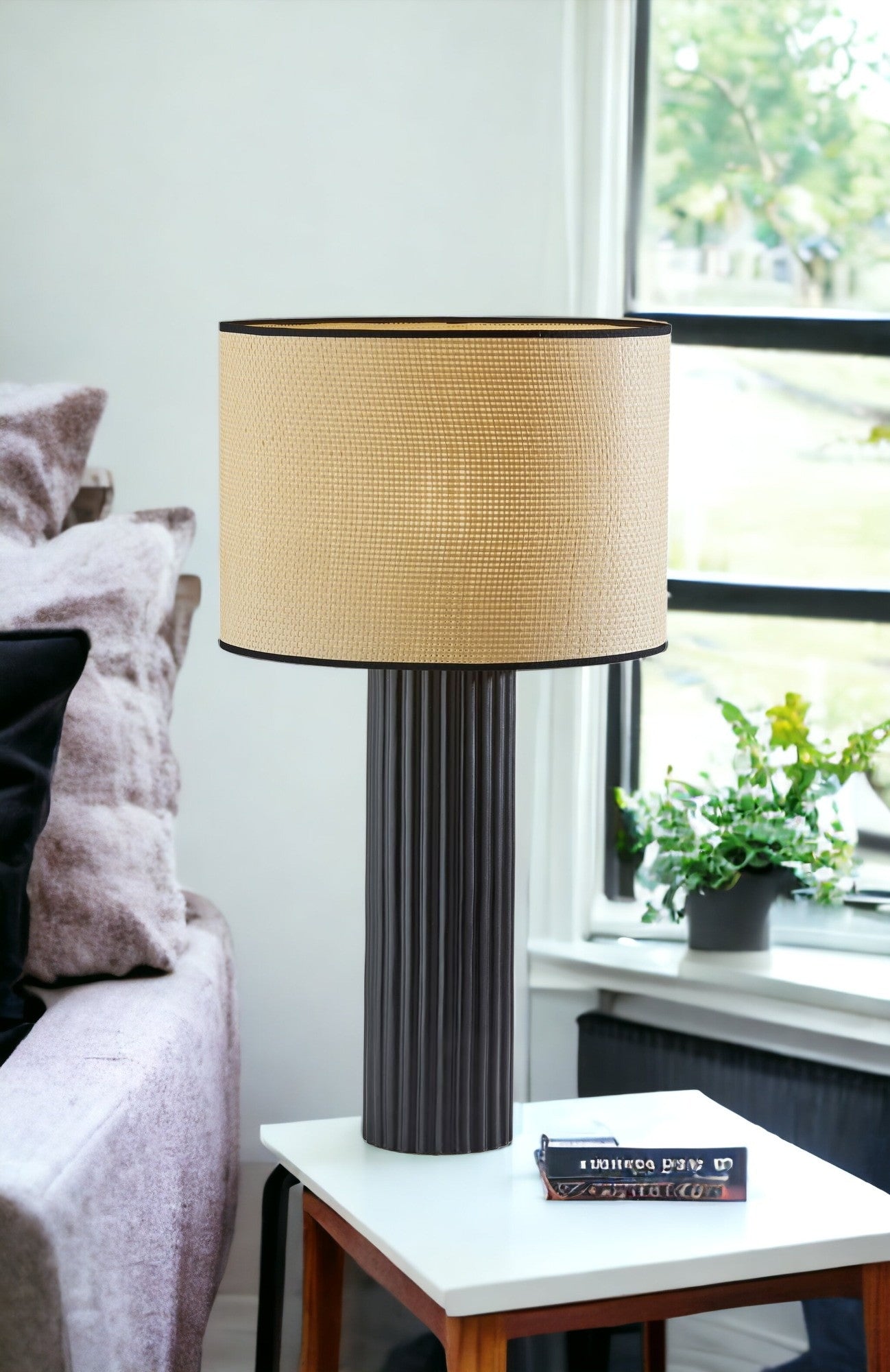 29" Black Ceramic Cylinder Table Lamp With Beige Drum Shade