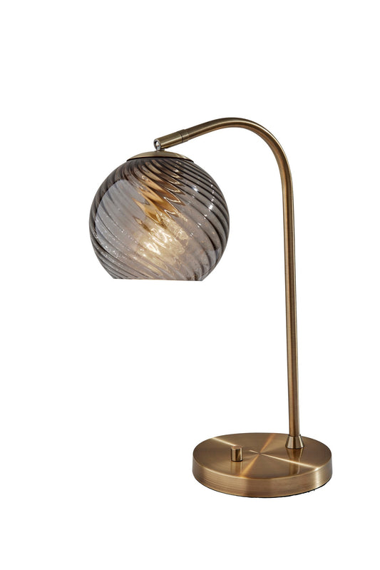 19" Antiqued Brass Metal Desk Lamp With Light Gray Swirl Globe Shade