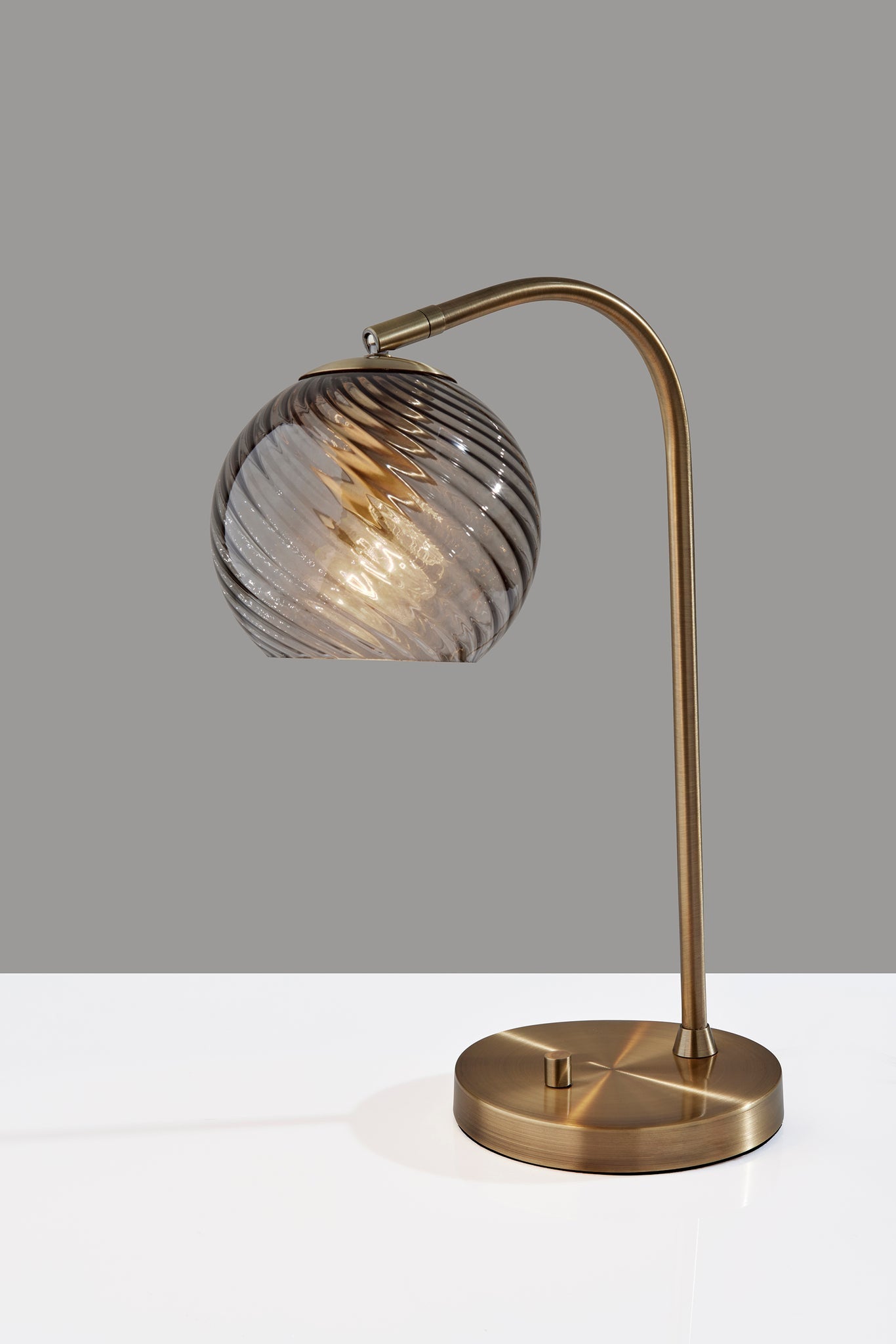 19" Antiqued Brass Metal Desk Lamp With Light Gray Swirl Globe Shade