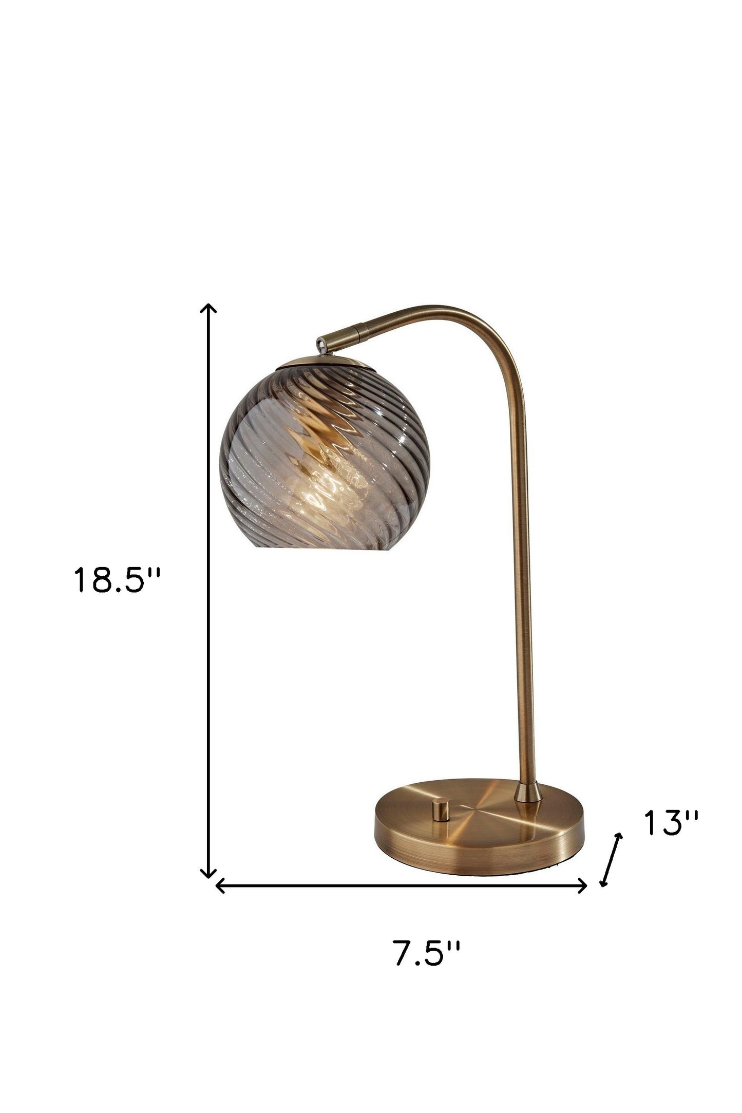 19" Antiqued Brass Metal Desk Lamp With Light Gray Swirl Globe Shade