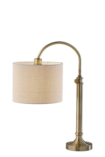 32" Antiqued Brass Metal Adjustable Arched Lamp With Beige Drum Shade