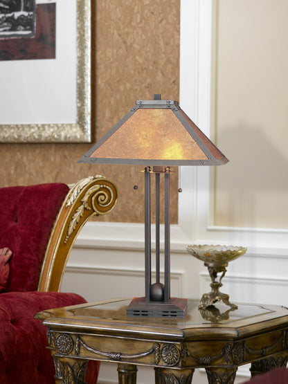 25" Gray Metal Two Light Cylinder Table Lamp With Amber Square Shade