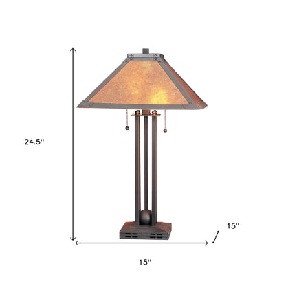 25" Gray Metal Two Light Cylinder Table Lamp With Amber Square Shade