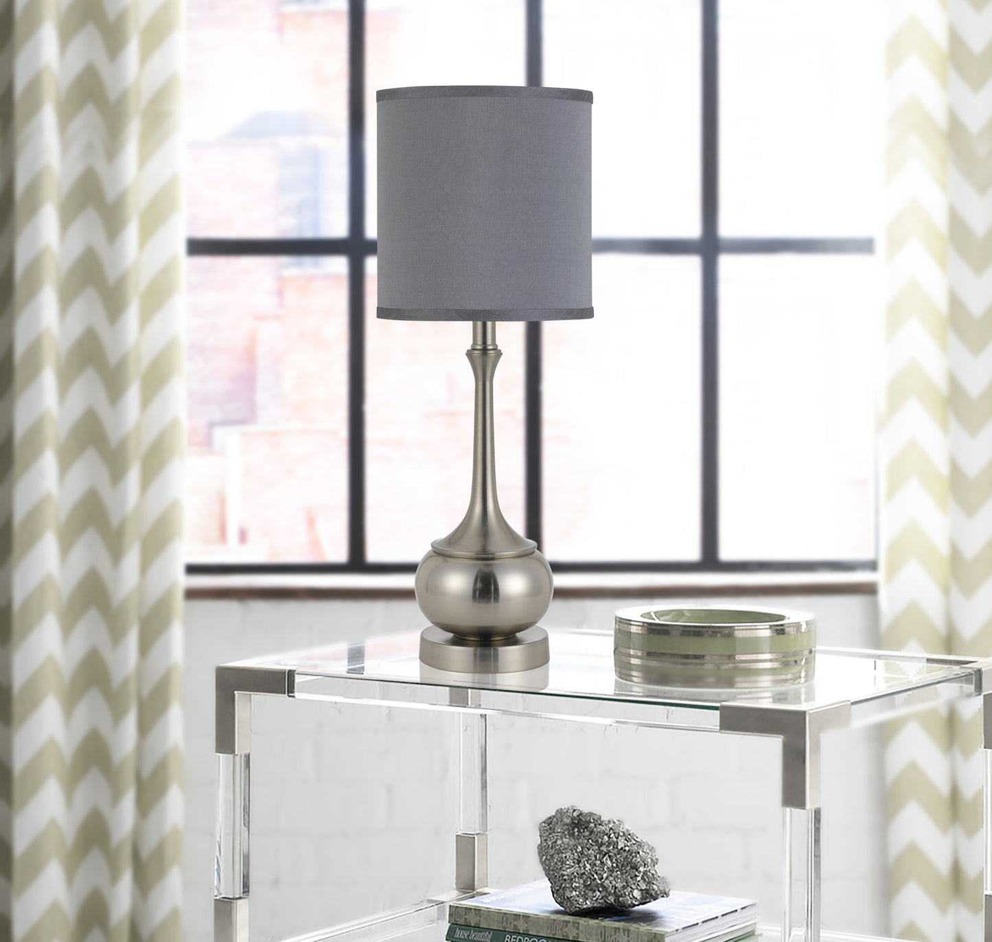 25" Nickel Metal Round Table Lamp With Gray Cone Shade