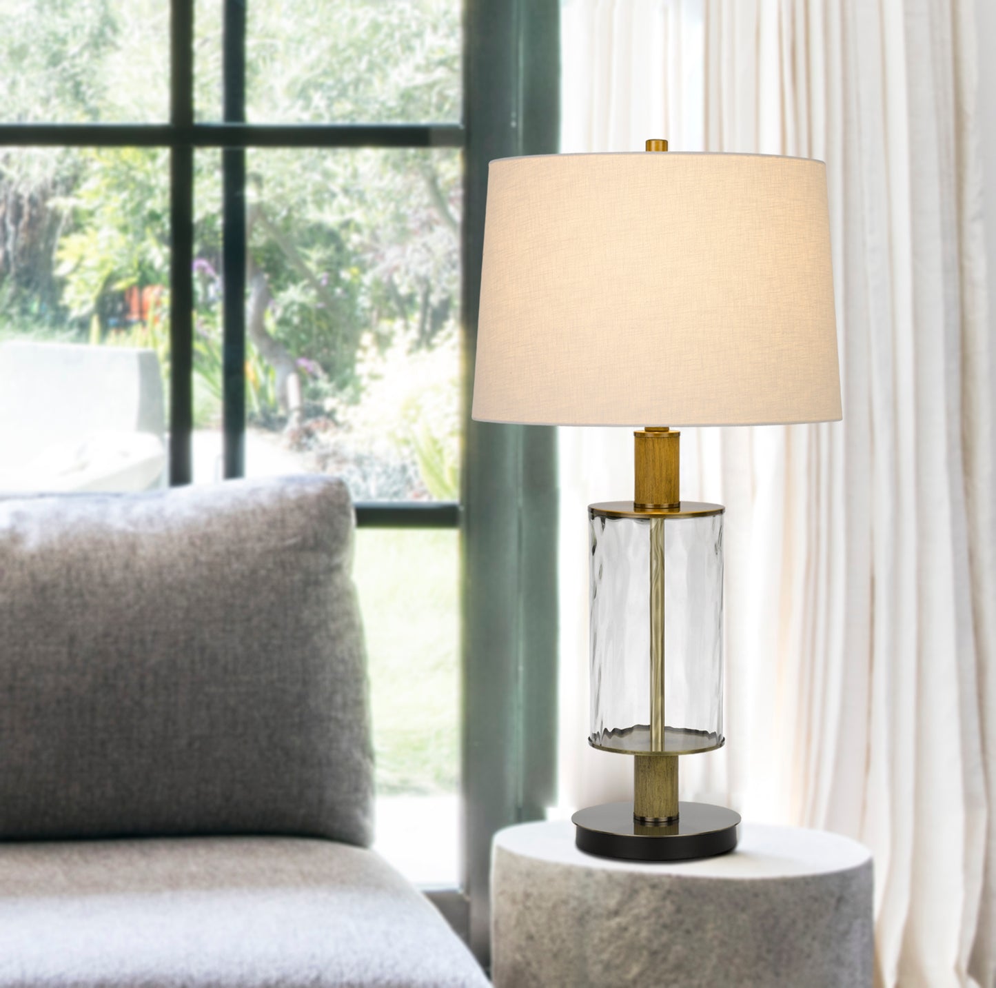 31" Clear Metal Table Lamp With White Empire Shade