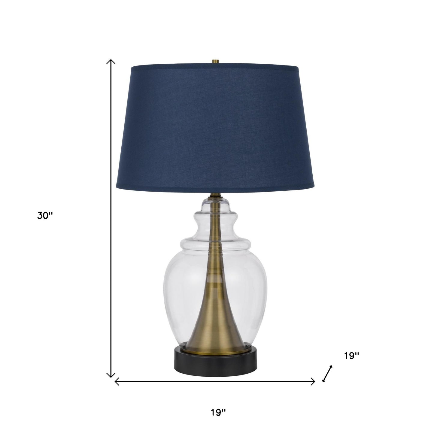 30" Antiqued Brass and Glass Table Lamp With Navy Blue Empire Shade