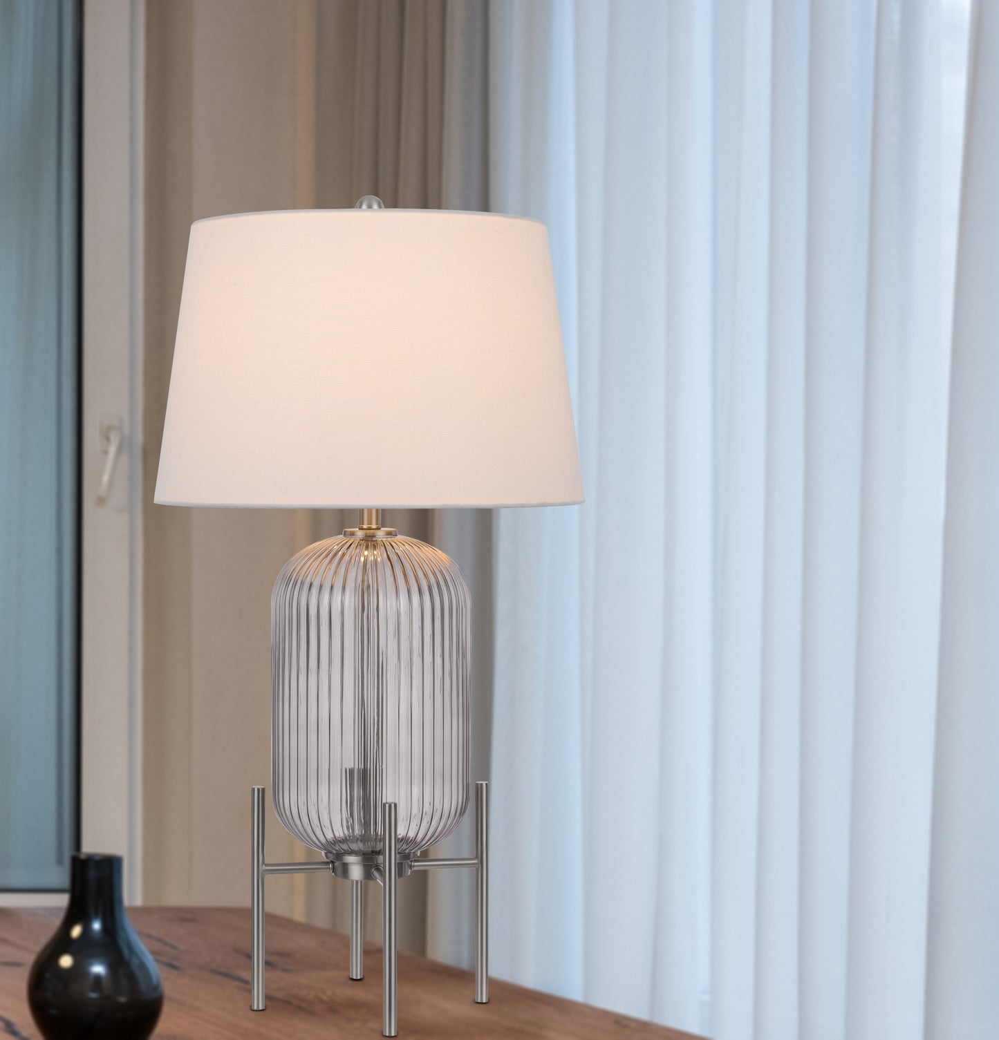 33" Nickel Glass Round Table Lamp With White Empire Shade