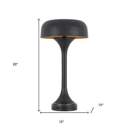 22" Black Metal Two Light Novelty USB Table Lamp With Black Dome Shade