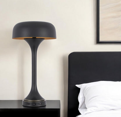 22" Black Metal Two Light Novelty USB Table Lamp With Black Dome Shade