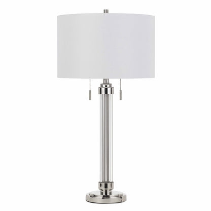 31" Silver Metallic Metal Two Light Cylinder Table Lamp With White Drum Shade