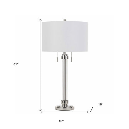 31" Silver Metallic Metal Two Light Cylinder Table Lamp With White Drum Shade