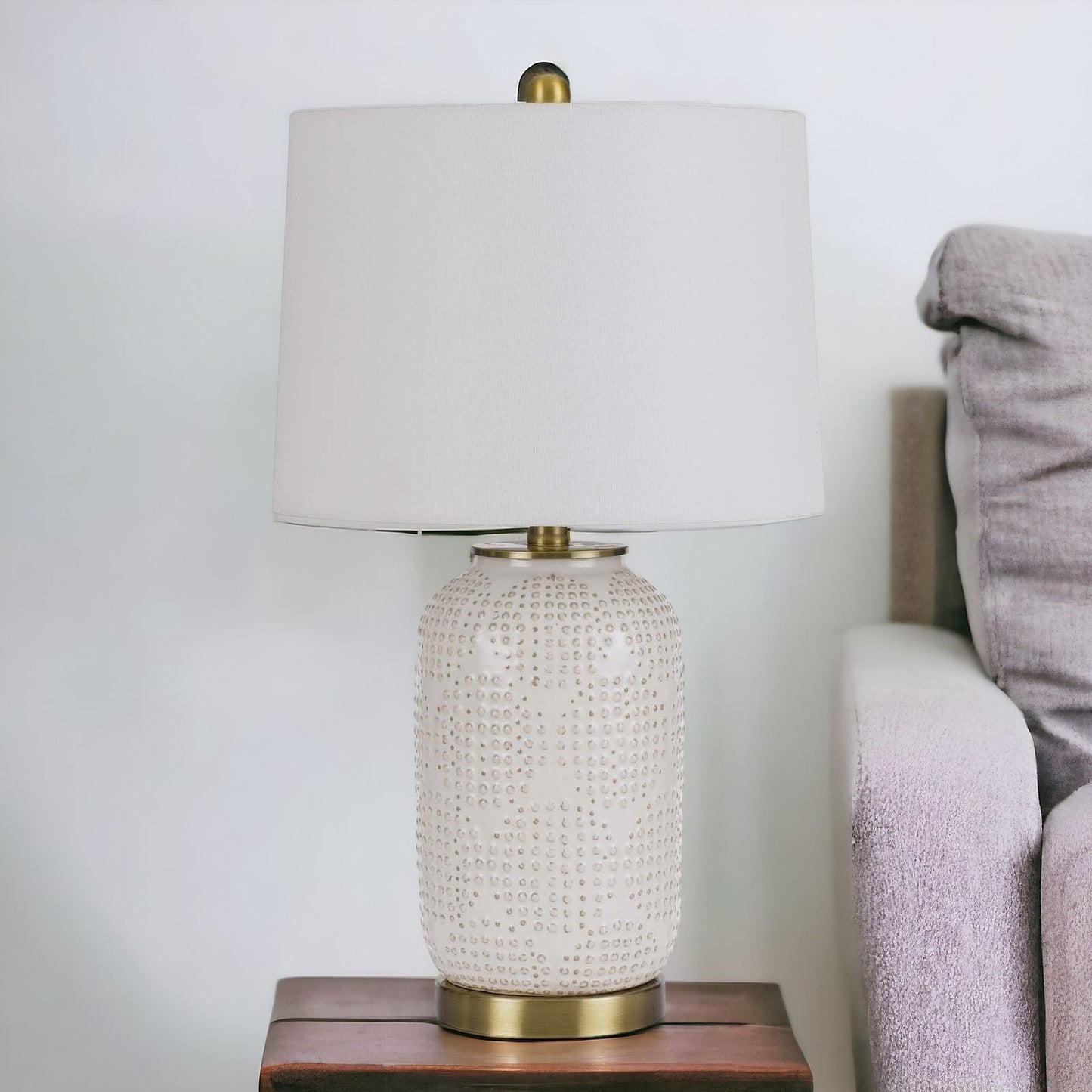 24" Ivory Metal Table Lamp With White Drum Shade