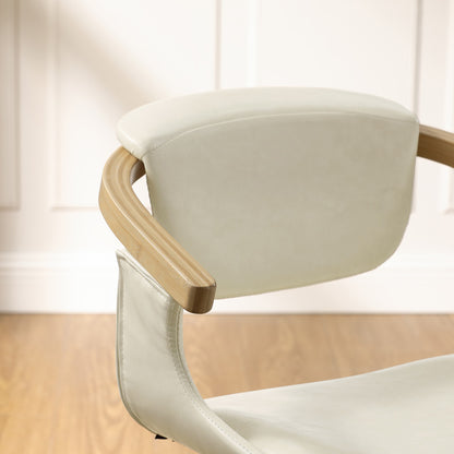 Off White And Natural Upholstered Faux Leather Dining Arm Chair