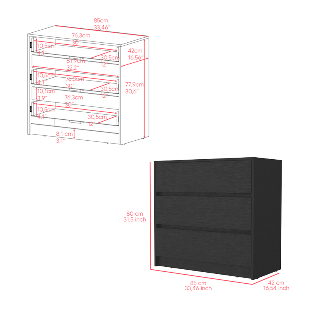 33" Black Three Drawer Dresser