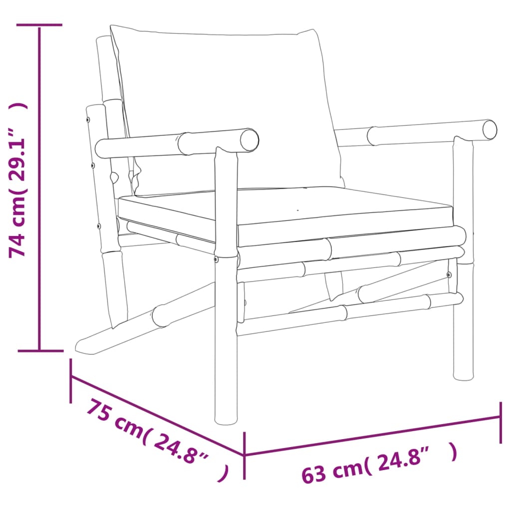 3 Piece Patio Lounge Set with Cream White Cushions Bamboo