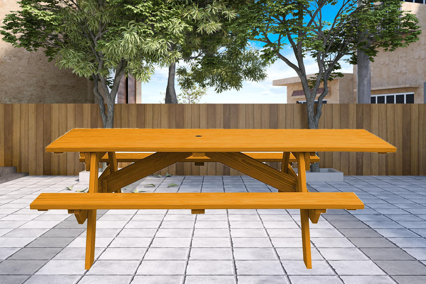 Natural Solid Wood Outdoor Picnic Table Umbrella Hole