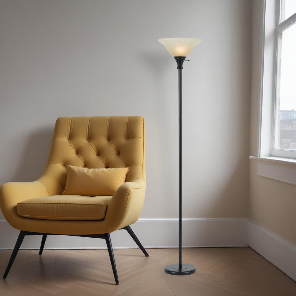 71" Bronze Torchiere Floor Lamp With Beige Frosted Glass Dome Shade