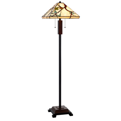 60" Bronze Two Light Traditional Shaped Floor Lamp With Green and Ivory Floral Tiffany Glass Square Shade