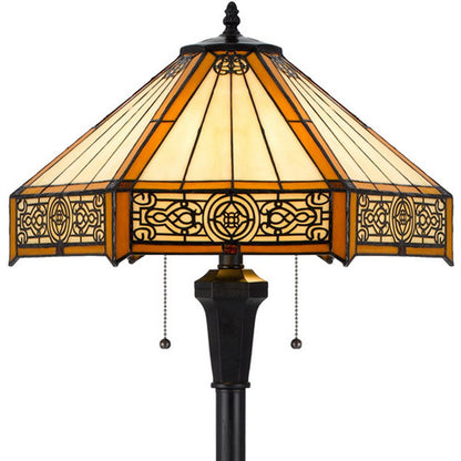 60" Bronze Two Light Traditional Shaped Floor Lamp With Orange and Ivory Abstract Tiffany Glass Empire Shade