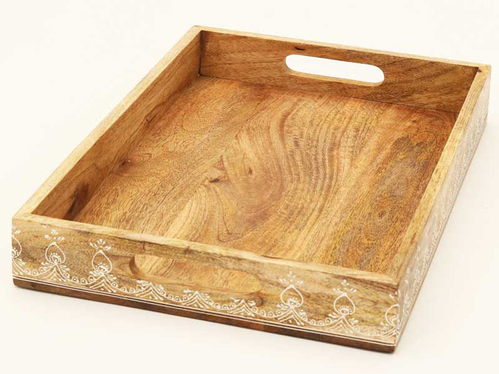 Set of Three Natural Rectangular Solid Wood Floral Handmade Serving Tray With Handles