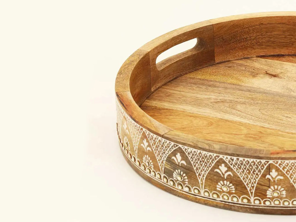 Set of Three Natural Round Solid Wood Floral Indoor Outdoor Handmade Serving Tray With Handles